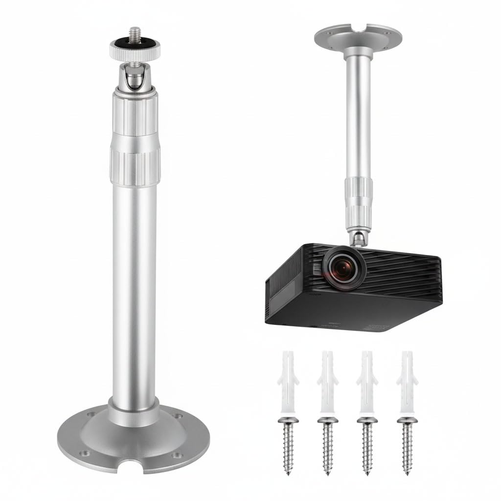 Supporto da soffitto universale in alluminio per mini proiettore, inclinazione e rotazione a 360°, installazione facile e robusta fino a 5 kg, ideale per ufficio, parete e soffitto