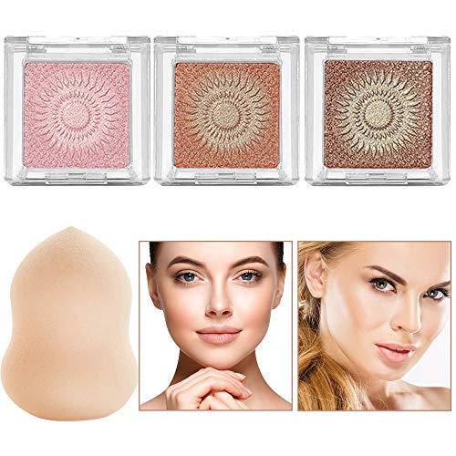 Highlighter Palette, Face Luminizing Highlighter Makeup Palette, Instant Glow Powder Nude Bronzer Highlighter Kit, 3 Packs and One Makeup Sponge