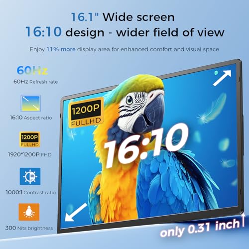 Image of Laptop Screen Extender 16.1 inch, 1200P FHD, Portable Monitor 360 Rotating Detachable Stand, Height Adjustable Monitor Extender for Laptop 13-17.5 inch, Plug-Play for Tablet, PC, Phone, etc