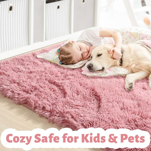 Amdrebio Blush Pink Area Rugs for Girls Bedroom, Fuzzy Furry Fluffy Kawaii Rugs for Kids Room Playroom, Shaggy Small Fur Plush Shag Carpet for Nursery Dorm Classroom, Cute Dusty Rose Mauve Rug 4x6
