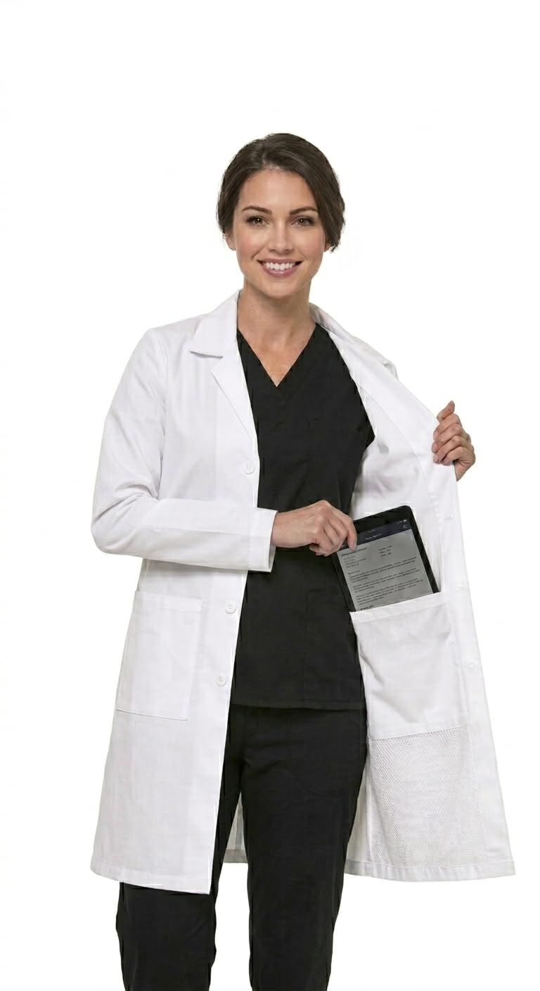 BE BLESSED | Women's Premium Poly-Cotton 3 Pockets Full Sleeve Long Lab Coat - Smart Regular Fit Knee Length Apron(White)-image-25
