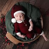 Christmas Newborn Photography Props Crochet Santa Claus Red Romper Baby Photo Props Outfits Newborn Xmas Costume Baby Photoshoot Props 0-1 Month Girl Boy Baby Shower Christmas Gift+Card(Long Sleeve)