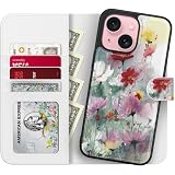 LUMARKE Designed for iPhone 15 Wallet Case - Detachable Flip Folio Cover - RFID Blocking 4 Card Slots Holder - Premium Leather Magnetic Kickstand - Protective Phone Case 6.1',Designer Flowers Print