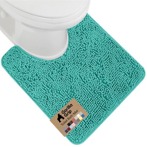 Image of GORILLA GRIP Plush Absorbent Shaggy Chenille Bath Rug Mat for Oval Toilet Base with Rubber Backing, Machine Washable Rugs, Soft Microfiber Contour Mats for Toilets, Bathroom Decor, Turquoise