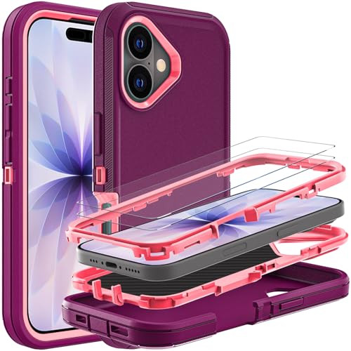 YKHJKLEC for iPhone 17 Case, Military Grade 3 in 1 Heavy Duty Shockproof/Drop Proof/Dust Proof Case with 2Pcs Tempered Glass Screen Protector (Purple/Pink)