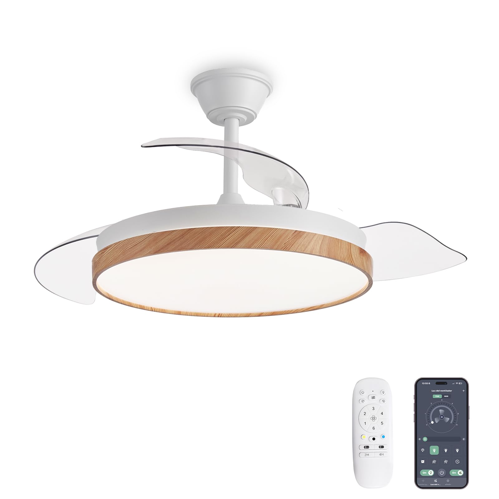 Ventilador de Techo con Luz LED Regulable, Control a Distancia, Mando + App, Aspas Retráctiles, Motor DC, 6 Velocidades, Función Invierno/Verano, Difusor Madera Haya, Color Blanco