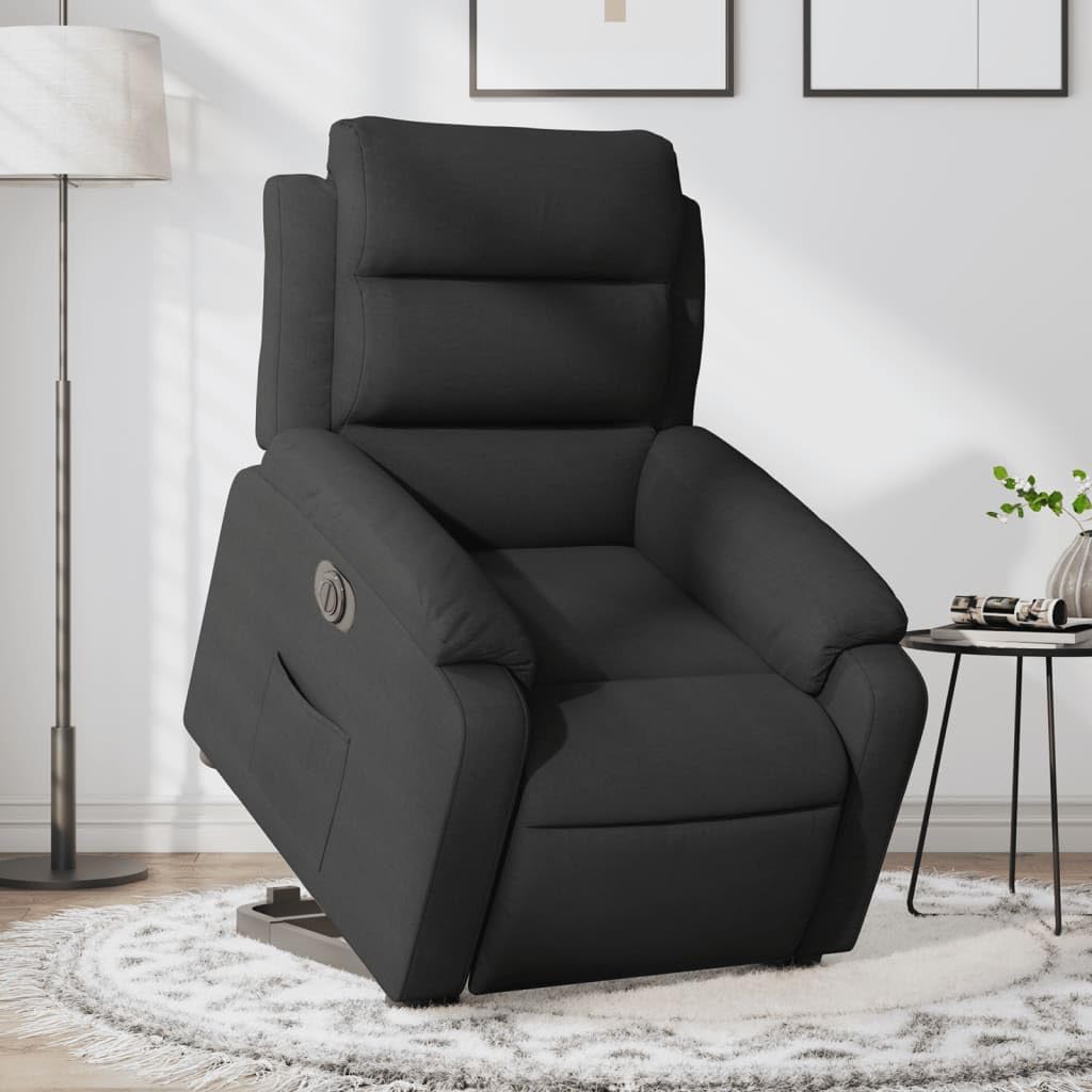 Sillón de relax con función reclinable eléctrica y ayuda para levantarse en tejido negro, respaldo de 135 grados y práctico bolsillo lateral, adecuado para hasta 110 kg