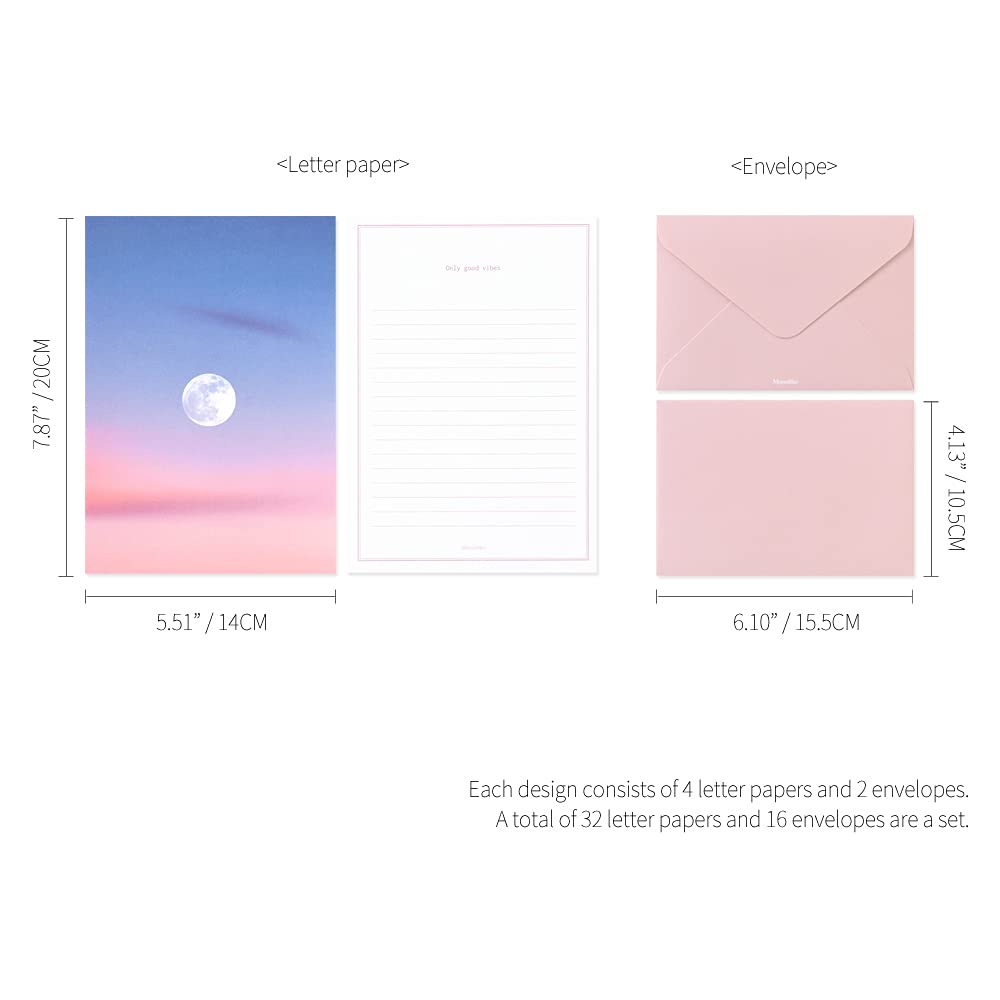 Monolike Foto-, Mond-Briefpapier und Umschläge-Set, 8 Typen, 32 Briefpapier + 16 Umschläge