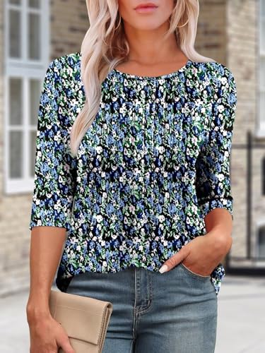KISSMODA Tunic Tops for Women Loose Fit Dressy Round Neck Pleated 3/4 Length Sleeve Spring Tops