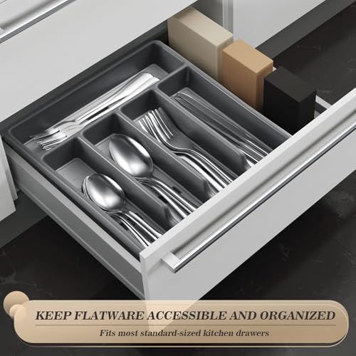20-Piece Silverware Set with Organizer,Heavy Duty Stainless Steel Flatware Cutlery Tableware Set for 4,Includes 5-Compartment Silverware Tray with Cutlery Icons,First Apartment Kitchen Essentials