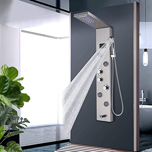 Sistema de columna de ducha para baño con pantalla LED de temperatura y jets de masaje en acabado níquel cepillado miniatura 3