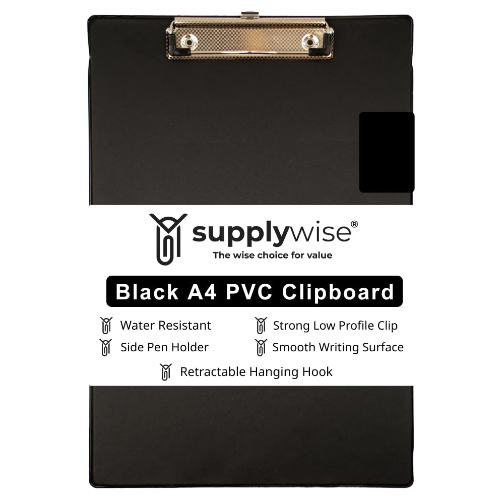 Supplywise Black Clipboard A4, Multi-Purpose Clip Boards A4, Clipboard Folder, Low Profile Clip, Document Organiser with Pen Holder, Clipboards for School, Home & Office