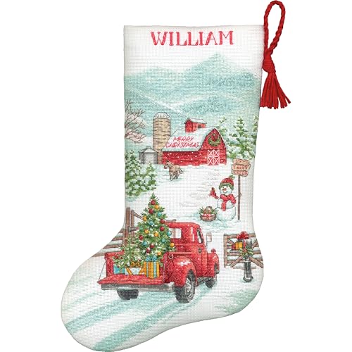 Image of Dimensions 70-09619 Holiday Farm Stocking Counted Cross Stitch Kit, 16 inch Long, 14 Count White Aida