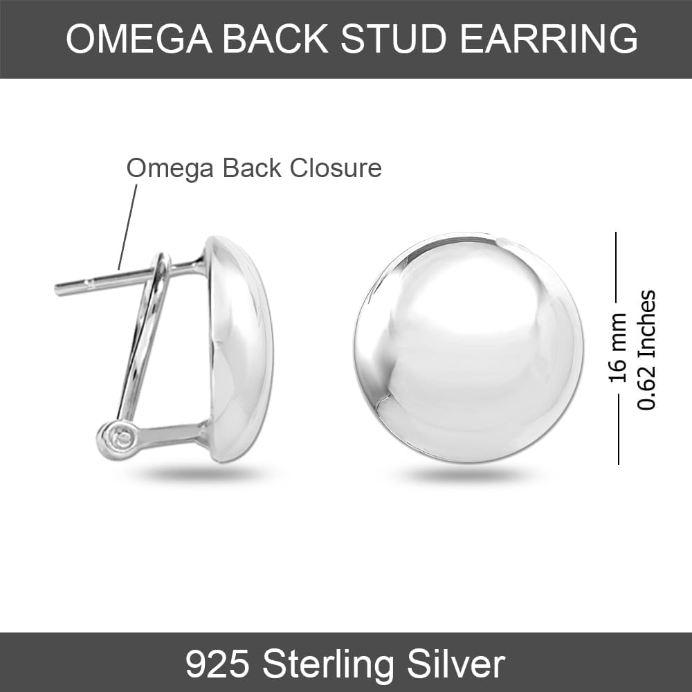 LeCalla 925 Sterling Silver Omega Back Earrings Jewelry Large Italian Design Round Dome Button Omega-Clip Back Stud Earring for Women 16 MM with Customized Card