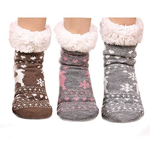 FRALOSHA Women's Slipper Socks Warm Fuzzy Fleece-Lined Indoor Anti-Skid Floor Socks 3 Pairs Christmas Sock