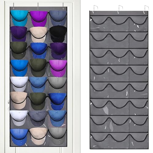 qimeyu Porta Berretto,Porta Cappelli da Baseball,Portas Cappelli da Armadio con 24 Tasche,Contiene 24 Cappellis,Organizer Cappellis Sulla Portas (Grigio)