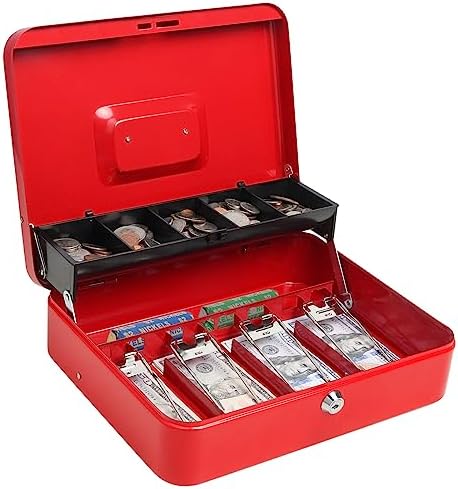 Cash Box with Money Tray and Key Lock, Parrency Large Money Box, 5 Compartments with Cover for Cions & 4 Spring-Loaded Clips for Bills, 11 4/5" x 9 2/5" x 3 1/2", Red