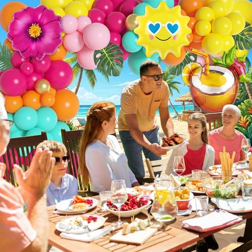 Image of Ouddy Life 189Pcs Tropical Balloons Arch Garland Kit, Summer Party Decor | Hawaiian Party Decorations with Aloha Pineapple Coconut Hot Pink Blue Balloon Palm Leaves for Baby Shower Birthday Supplies