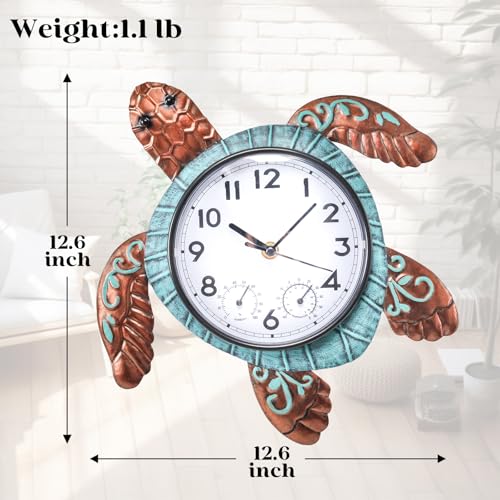 MUMTOP Turtle Outdoor Clock Waterproof, 12.6 Inch Outside Wall Clock with Thermometer Combo for Patio Pool Garden Home Decor - Image 3
