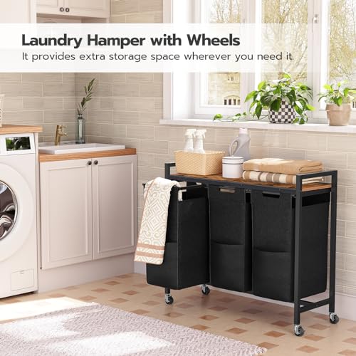 HOOBRO Laundry Sorter 3 Section, Laundry Hamper with Wheels, 3 × 11.5 Gal (43.5 L), Rolling Laundry Basket, Pull-Out and Removable Oxford Fabric Laundry Bags, Rustic Brown and Black BF76XY01 by HOOBRO - Image 2