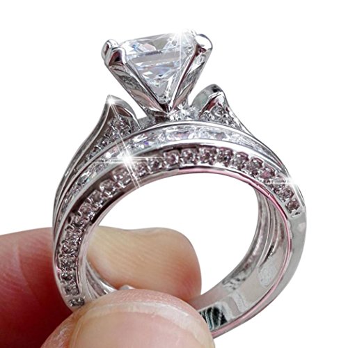 Creazy 2-in-1 Womens Vintage White Diamond Silver Engagement Wedding Band Ring Set (7)