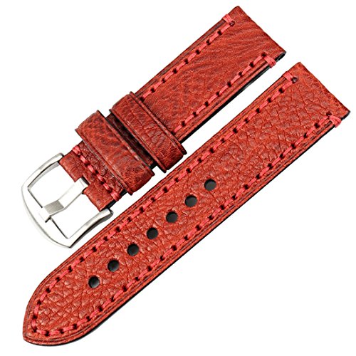 MAIKES Watch Band, Genuine Leather Watch Strap 20mm 22mm 24mm 26mm with Stainless Steel Buckle Watchband (Band Width 20mm, Red+Silver Buckle) 