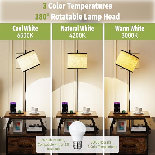 Image of runjuly Floor Lamp with Table, End Table with Light and Charging, Rustic