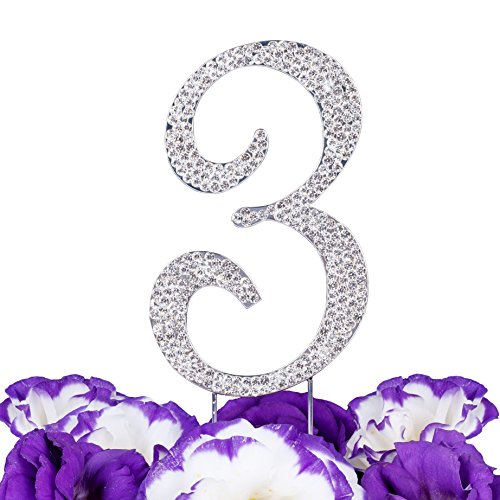 LOVENJOY Gift-Boxed Number 3 3rd Sparkly Crystal Rhinestone Cake Topper Silver, 2.8"