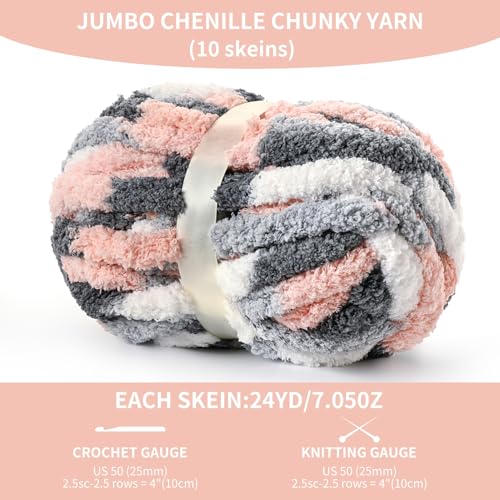 Image of 10 Pack Jumbo Chunky Yarn for Hand Knitting, Fluffy Variegated Chunky Chenille Yarn for Crocheting, 240yds /70.5oz Super Bulky Soft Crochet Baby Blanket Yarn(Dark Grey-Pink-White)