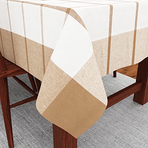 Image of Encasa XO Table Cloth (10 ft Long) for 8 to 10 Seater Large Center Dining Table - Beige Panel with Borders - Heavy Homespun Eco-Cotton Fabric, Washable, for Home, Garden, Hotel & Restaurant