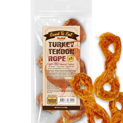 Gootoe Turkey Tendon Dog Treats–100 USA Sourced Natural Snack Premium Training Chews Hypoallergenic Reseal Value Bags Size for Medium Dogs Rope Medium 3 UnitPack