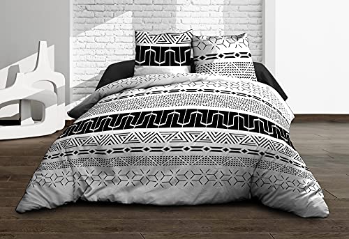 Le linge de Jules Parure Drap Plat + Drap-Housse 140x190 cm + 2 T - Pur Coton 57 Fils - Graphic Noir, Blanc