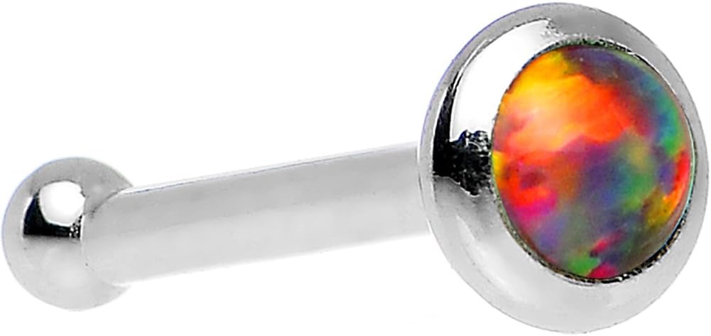 14k White Gold 2mm Fire Red Synthetic Opal Nose Stud Bone 20 Gauge 1/4"