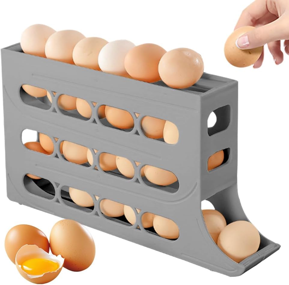 Drkicsy 4 Tiers Egg Holder for Fridge, Automatic Rolling Egg Dispenser for Refrigerator, Fridge Eggs Organizer Eggs Storage Container for Countertop (White)