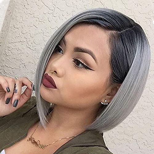 2 Tones Ombre Grey Lace Front Bob Wig For Women Dark Roots Short Straight Synthetic Wig Gray Glueless Heat Resistant Fiber Hair Half Hand Tied