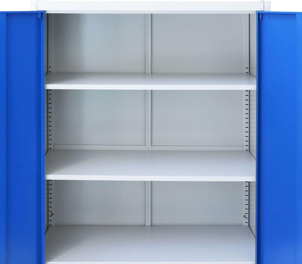 Interior view of the cabinet showing four adjustable shelves and shelf adjustment holes.