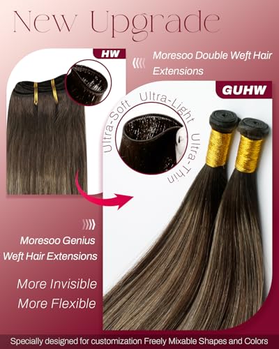 Image of Moresoo Genius Weft Hair Extensions Human Hair, Balayage Medium Brown with Caramel Blonde 20inch 60g, Invisible Sew in Hair Extensions Real Remy Soft Straight for Volume Daily Wear