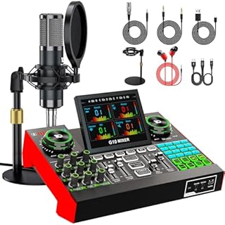 Podcast Microphone Bundle with Live Sound Board Audio Mixer, Podcast Equipment Bundle with 3.5mm Condenser Microphone(P15) for Pc/Phone Live Streaming Singing Gaming, Voice Changer, Denoise