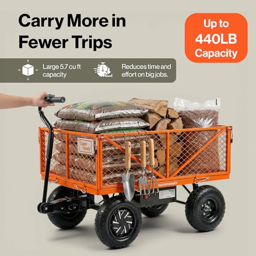 Image of SuperHandy Electric-Assist Garden Cart - 5.7 Cubic Ft Utility Wagon, 440lbs Load, All-Terrain 10in Wheels, Anti-Rust Steel Frame, Convertible Flatbed Design