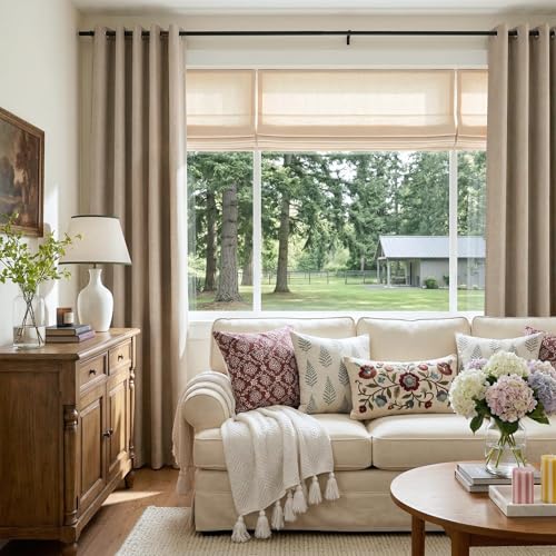 Image of Linen Look Total Blackout Curtains, Grommet, 50 inch W x 72 inch L, Burlywood Birch | Blackout Curtains for Bedroom 72 Inches Long, Thermal Insulated Curtains for Living Room, Room Darkening Drapes, 2 Panels