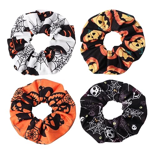 4pcs Halloween Hair Ties Elastics Hair Scrunchies Pumpkin Ghost Skeleton Spider Web Bats Hair Accessories for Women Girls Ponytail Holder Hair Band Ropes