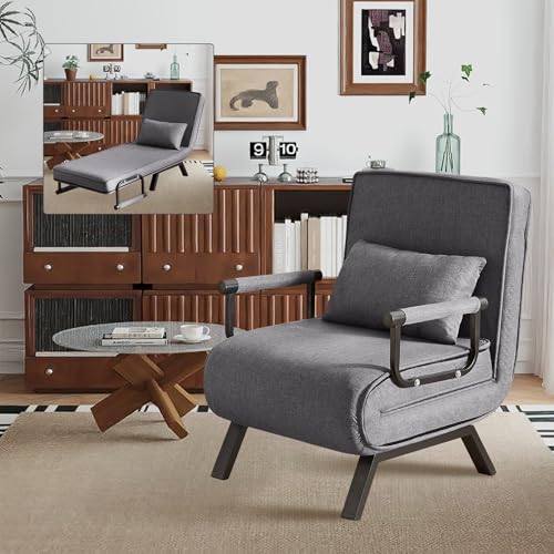 Sleep Chair Bed, Comfy Convertible Sleeper Chairs for Adults, 5 in 1 Folding Sofa Bed with 5-Position Adjustable Backrest & Pillow, Folding Leisure Chaise Lounge Couch for Office Apartment (Grey)