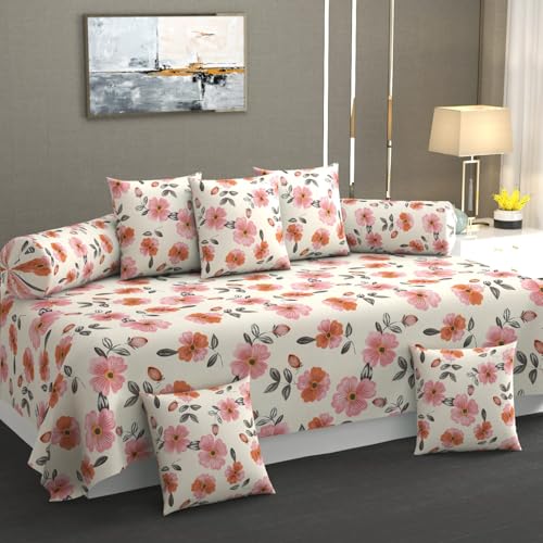 Image of COVE & HUES Cotton Diwan Set Covers |8 Pieces Diwan Cover Set|300 TC Fabric| Pure Cotton Printed Deewan Set (1 Single Bedsheet, 2 Bolster Covers, 5 Cushion Covers)|Orange Rose|KC 09