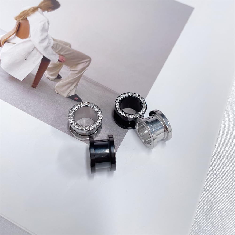 ブラックとクリスタルラインストーンの耳トンネルプラグエキスパンダーゲージストレッチャーイヤリングネジステンレス鋼ハイポアレルギーボデ