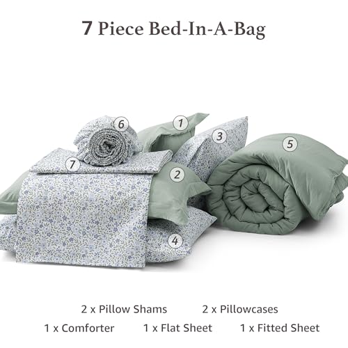 Monbix Full Size Comforter Set - 7 Pieces Sage Green Prewashed Bed in a Bag Full Bedding Sets with Comforters, All Seasons Ultra Soft Comforter Bed Set with Sheets,Pillowcases & Shams