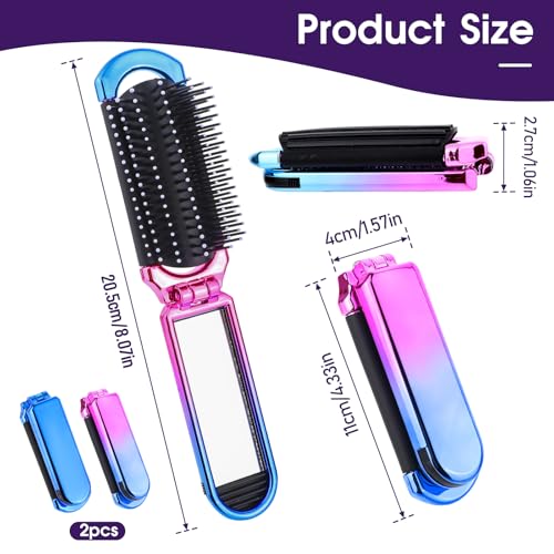 Travel Hair Brush with Mirror, Foldable Wet Compact Brush for Women and Men (Pink and Blue) - Image 4