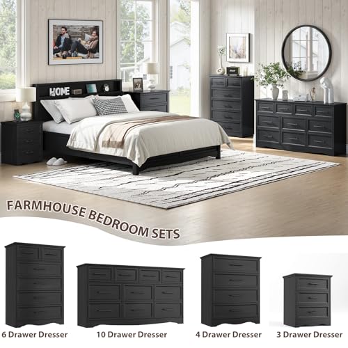 Image of Bedroom Set, 3 Pieces Bedroom Furniture Set, 6 Drawer Dresser and 3 Drawers Nightstand with Charging Station, Farmhouse Storage Organizer Cabinet for Bedroom, Black