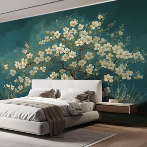 Papier Peint en Soie Arbre à Fleurs Blanches Effet Huile Vintage 200x140cm - 7