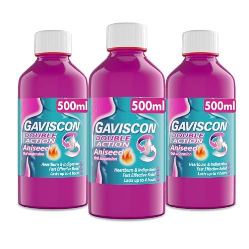Gaviscon Double Action Aniseed Liquid 500ml, Pack of 3 x 500ml - Heartburn, Indigestion, Stomach Pain, Acid Reflux Relief, Digestive Health, Long-Lasting Antacid, Pregnancy Safe