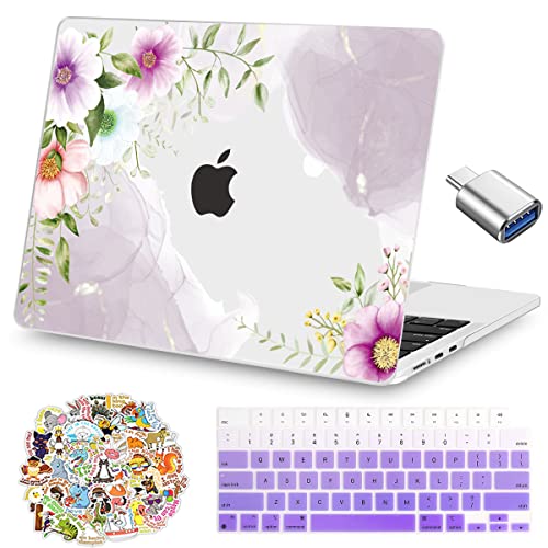 Teryeefi for 2022 M2 MacBook Air 13.6 Inch Case Model A2681, Hard Shell & Keyboard Cover & USB 3.0 Adapter & Laptop Sticker for Newest MacBook Air 13 M2 with Liquid Retina, Purple Flower